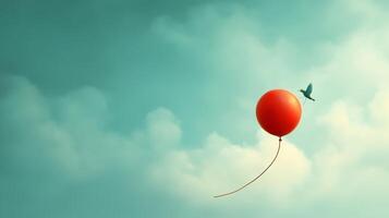 A vibrant red balloon floats peacefully against a serene blue sky with fluffy clouds and a small bird in the distance photo