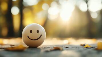 A smiling ball rests on the ground in a sunlit forest during autumn, surrounded by fallen leaves and dappled light photo