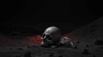 A detailed view of a skull and skeletal remains on a rocky, dark alien landscape illuminated by a subtle red glow photo