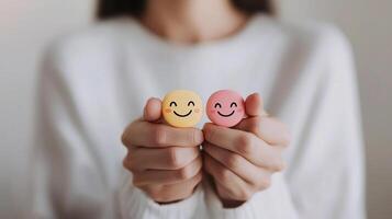 A person holds two smiling, colorful emoticons against a soft, neutral background, showcasing joy and positivity photo