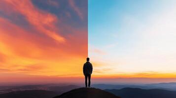 A person stands on a mountaintop overlooking a stunning divide between vibrant sunset colors and tranquil blue sky during twilight photo