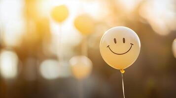 Joyful smiley balloons floating against a warm golden sunset backdrop in a festive outdoor setting photo