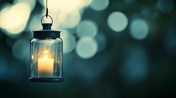 A candle lantern hanging in a softly illuminated outdoor setting during twilight hours creates a warm and inviting ambiance photo