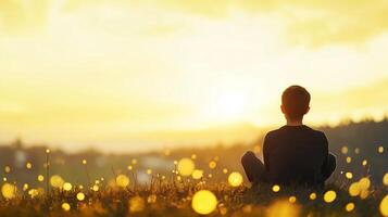 A child gazes at a vibrant sunset filled with golden light in a tranquil field during early evening hours photo