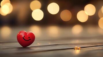 A smiling heart ornament on a wooden surface with warm bokeh lights in the background during an evening gathering photo
