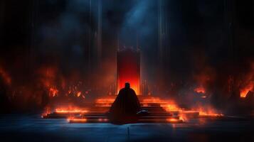 A lone figure sits on a throne surrounded by flames, set in a dark, ominous environment at a fictional castle photo