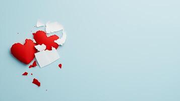 Broken red hearts surrounded by paper shards on a light blue background symbolizing heartbreak and emotional distress photo