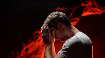 A man stands in a dramatic pose with his hands on his head, surrounded by fiery red lights creating an intense atmosphere photo
