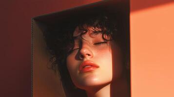 A woman with curly hair enjoys warm sunlight while resting her head in a cardboard box against an orange background photo