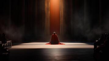 A solitary figure in a red cloak sits on the stage in a dramatic, dimly lit hall with towering columns during a moment of introspection photo