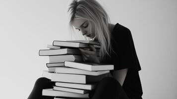 A young woman sits with a tower of books, absorbed in thought, in a minimalistic indoor space during her quiet study session photo