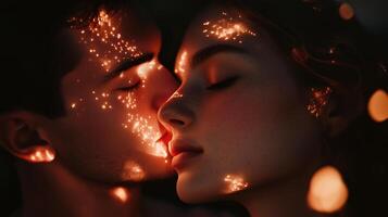 Young couple sharing an intimate moment under twinkling lights, creating a magical atmosphere at night photo