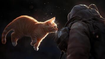 A ginger cat leaps gracefully toward a person in warm sunlight during an outdoor adventure photo