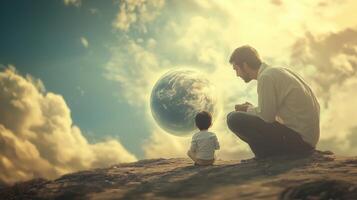 A father and son gazing at the floating Earth amidst a dramatic sky during twilight, capturing a moment of wonder and connection photo