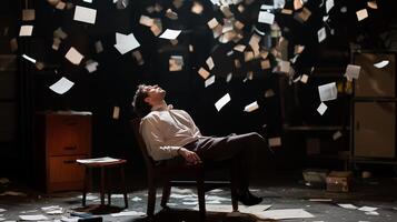A man sits in a chair surrounded by floating papers in a dimly lit room, capturing a moment of contemplation and chaos photo