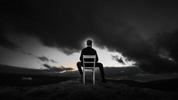 A person sits alone on a hilltop facing the horizon during twilight, surrounded by dramatic cloud formations and an impending storm photo