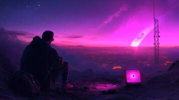 A solitary figure gazes at a vibrant purple sky and distant mountains while sitting next to a glowing device on a mountain peak at twilight photo