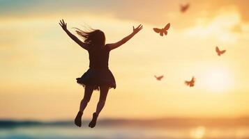 A young woman joyfully jumping on the beach at sunset while butterflies flutter around her in a serene coastal setting photo