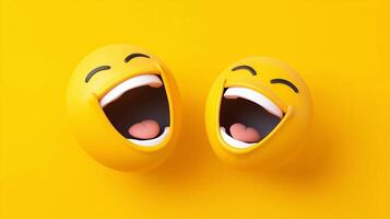 Two joyful yellow smiley faces expressing laughter on a vibrant yellow background photo