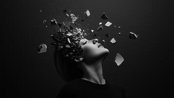 A woman in a black setting with an exploding head conveying an abstract representation of creativity and thought photo