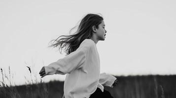 A girl joyfully runs through a grassy field at dusk, her hair flowing in the gentle breeze under a soft sky photo