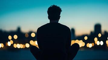 A person sitting on the edge, contemplating city lights at twilight overlooking the shimmering waterfront photo