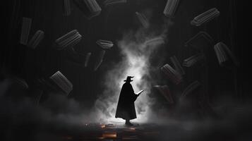 Mysterious figure in a cloak reading amidst floating books in a dimly lit environment photo