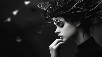 A young woman in contemplative pose with flowing dark hair adorned with abstract wire designs against a contrasting background photo