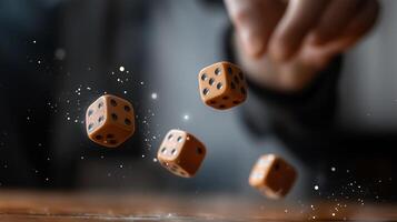 A person tossing dice in a cozy indoor setting during a casual game night with friends late in the evening photo