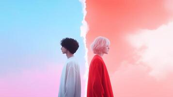 Two individuals standing back to back against a colorful split sky, embodying contrasting emotions in a creative artistic expression photo