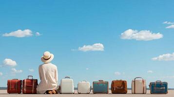 A traveler sits in contemplation beside vintage luggage under a bright blue sky during a sunny day at an outdoor location photo