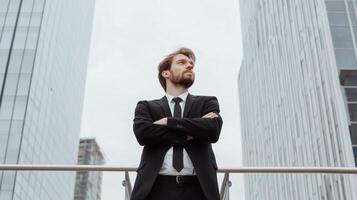Business professional standing confidently in an urban setting with tall buildings under an overcast sky during the day photo