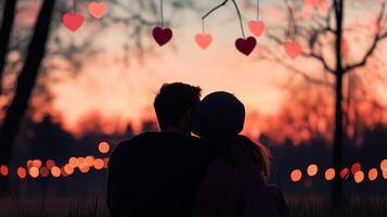Couple enjoying a romantic evening together under heart decorations at sunset in a serene outdoor setting photo