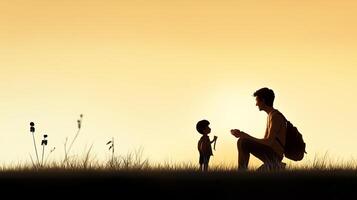 Father and child silhouette during sunset at a grassy field, sharing a valuable moment of connection and joy photo