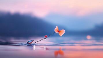 A delicate flower and heart-shaped leaf floating peacefully on calm water at sunset with soft pastel colors in the background photo