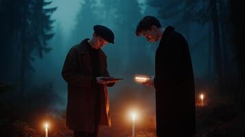Two individuals conduct a mysterious ritual in a foggy forest illuminated by candlelight during twilight photo