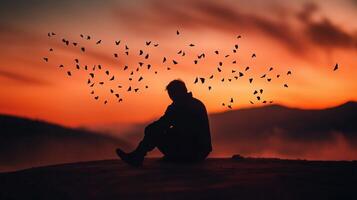 Silhouette of a person sitting on a hill at sunset with birds flying around in a colorful sky photo