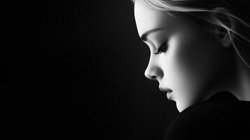 A young woman gazes thoughtfully in profile, captured in black and white, highlighting emotion and grace in a minimalist setting photo