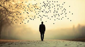 A solitary figure walking on a path as a flock of birds takes flight in a serene landscape during early morning light photo