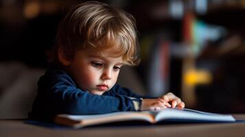 A young child focused on reading a book indoors in a cozy environment during daytime photo