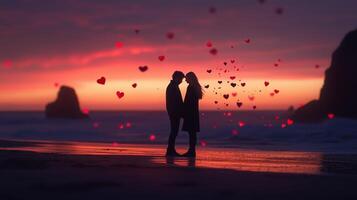 A couple embraces at sunset on a beach, surrounded by heart shapes against a colorful evening sky photo