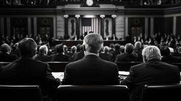 A tense moment during a congressional session featuring numerous politicians and a large crowd in attendance photo