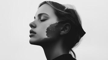 A profile view of a serene young woman with abstract paint patterns on her face against a minimalist background captured in monochrome photo