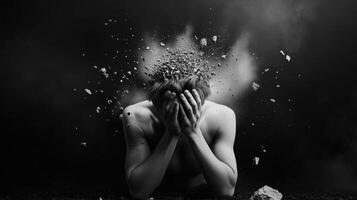 A person crouches with hands on their head as dust and debris explode from their mind in a dramatic black and white setting photo