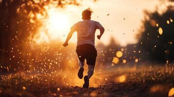 A man running on a dirt path during sunset, surrounded by dust and golden sunlight in a serene outdoor setting photo