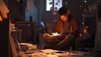 A young man sits cross-legged on the floor amidst scattered papers in a dimly lit room, focused on reading a document late at night photo
