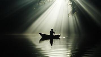 A lone canoeist paddles silently through misty waters at dawn, as sunlight filters through the trees photo