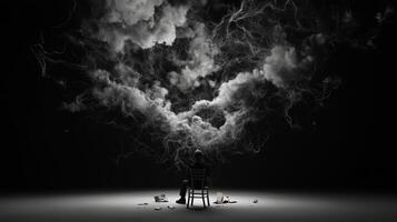 A solitary figure sits in darkness, surrounded by swirling clouds and electric currents in a captivating display of surreal art photo