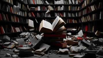 A chaotic library with books flying in all directions, amidst scattered pages and a darkened room photo