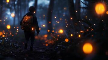 A young child walking through a forest at dusk, illuminated by glowing fireflies with a backpack photo